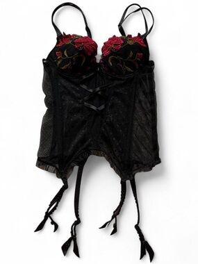 Lise Charmel Black Mesh Red Rose Embroidered Lingerie Bustier Corset Size 32C